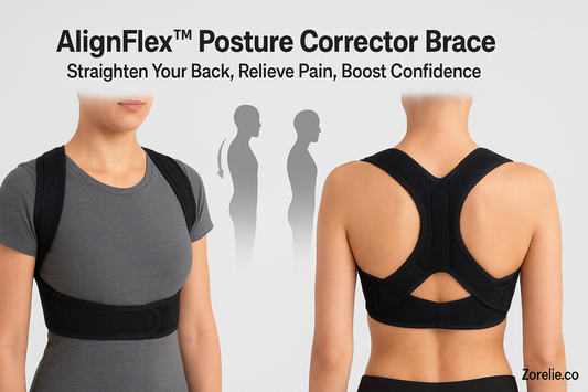 Person wearing AlignFlex posture corrector brace for back pain relief shown from front and back views