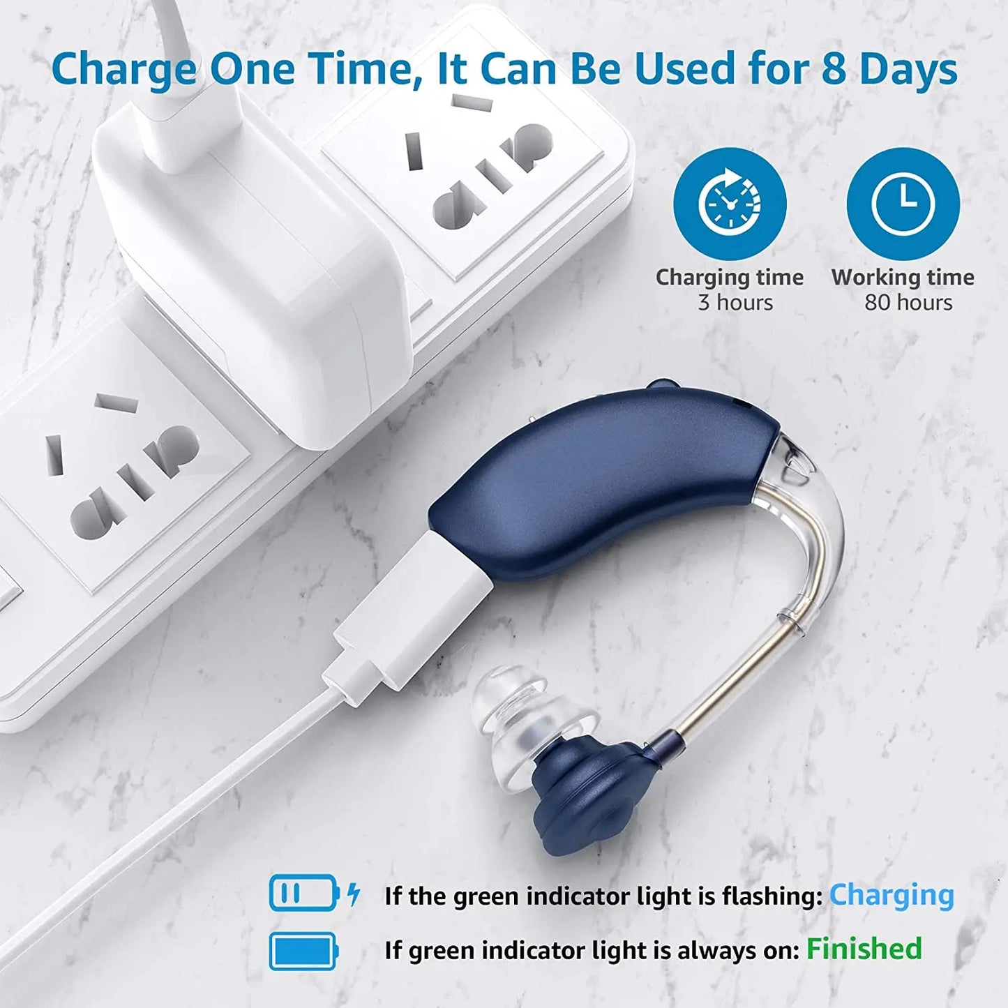 2025 rechargeable digital hearing aid in navy blue connected to a charger with power socket on marble surface