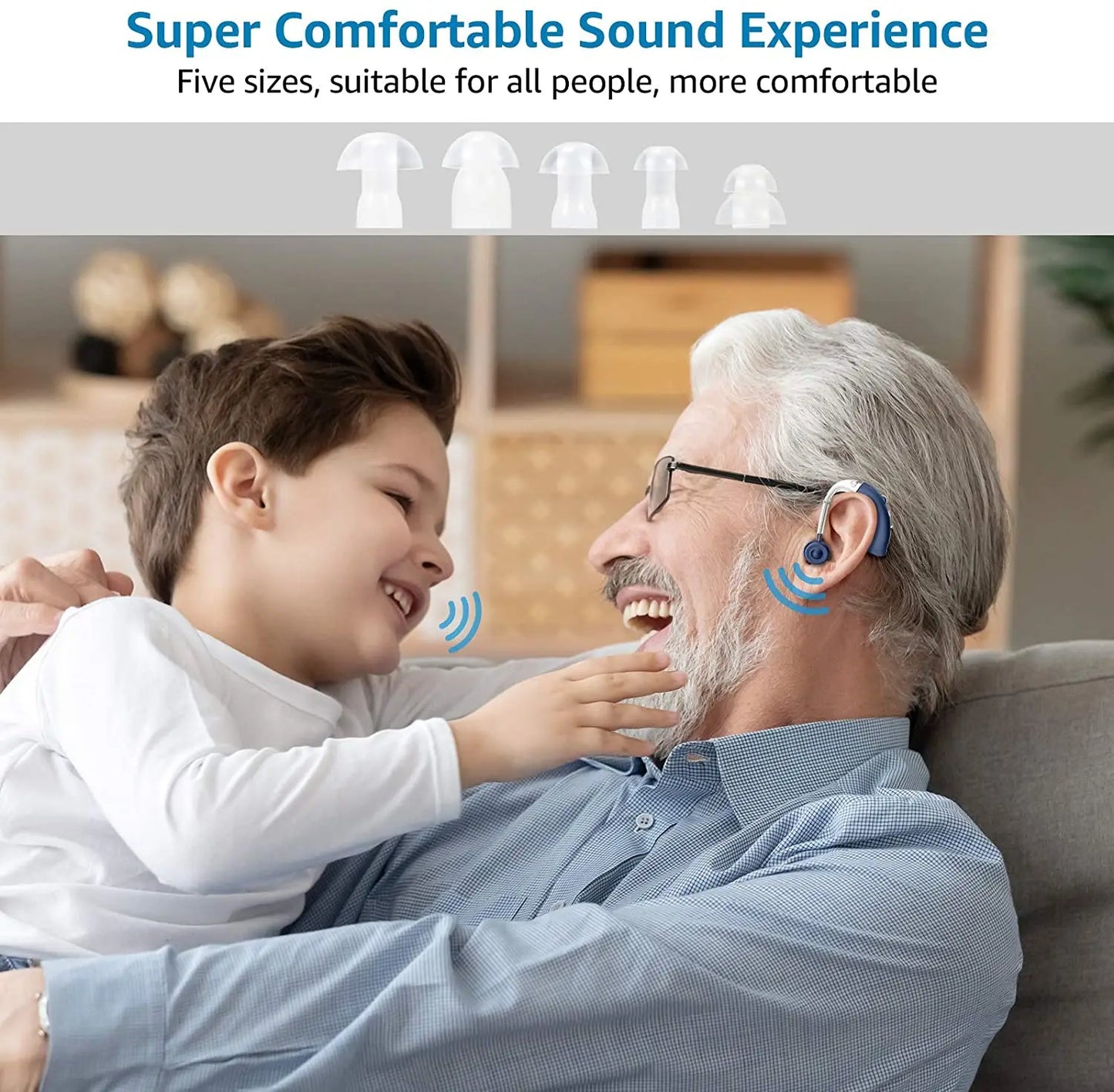 Grandfather wearing 2025 rechargeable digital hearing aid smiling and playing with grandson