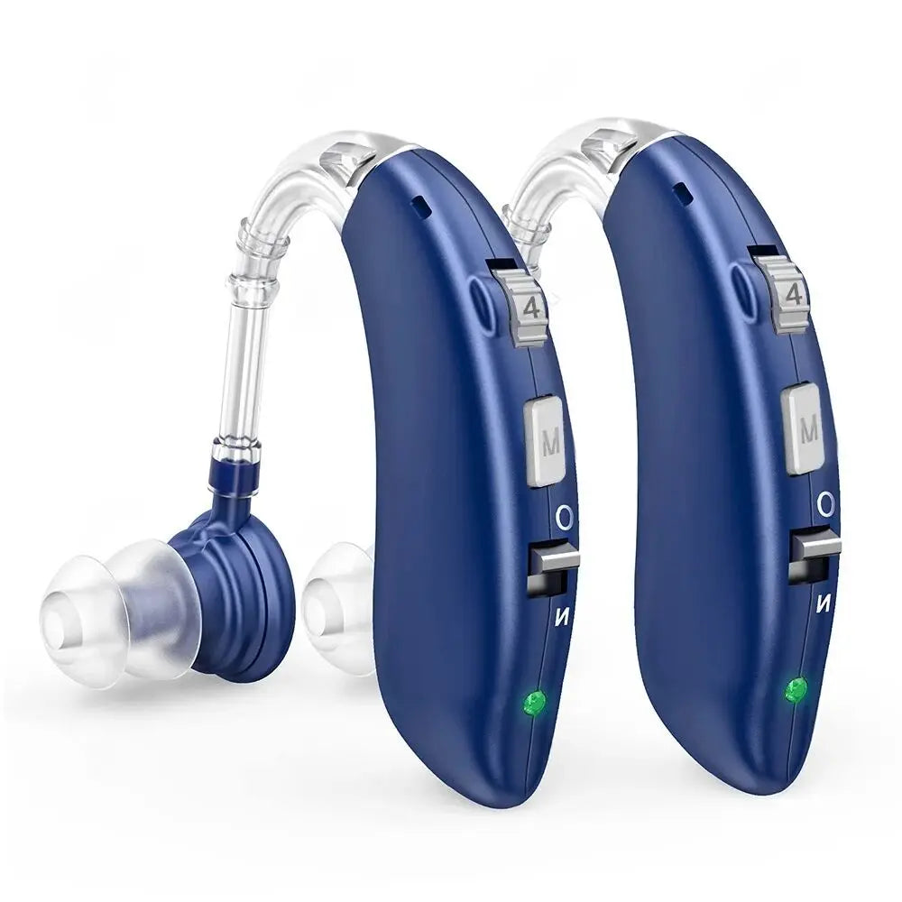 Zorelie.co 2025 rechargeable digital hearing aid pair in blue with clear ear hooks and adjustable settings
