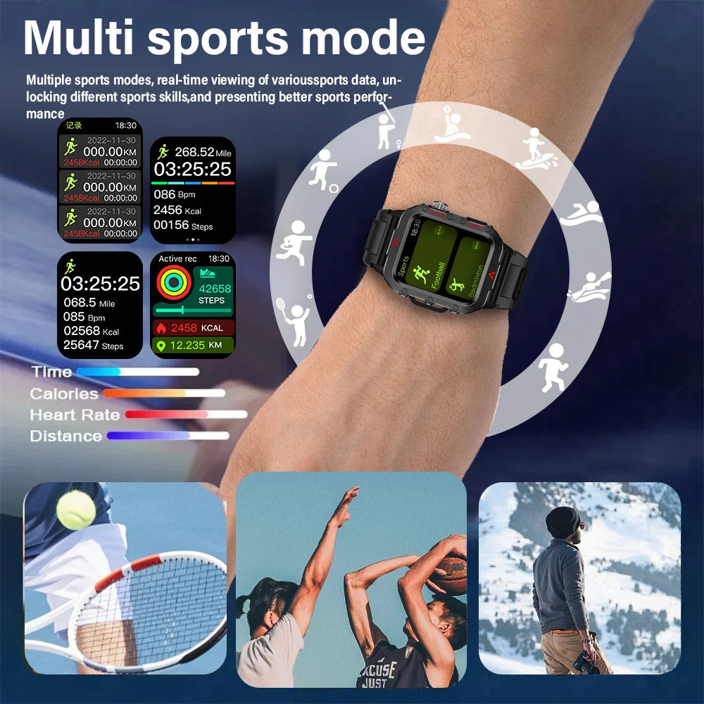 Outdoor Military Smartwatch – Bluetooth Talking Rugged Sports Fitness Watch with 1.73" LED Display