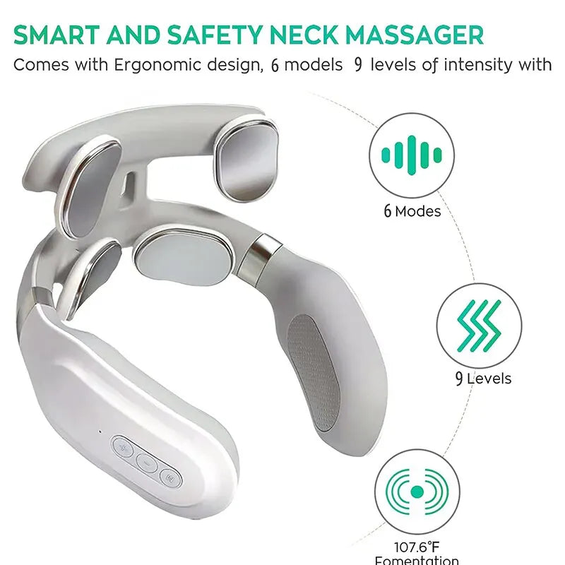4-Head Neck Massage Machine – Heated Cervical Spine Massager with Vibration, Hot Compress & Breathing Light