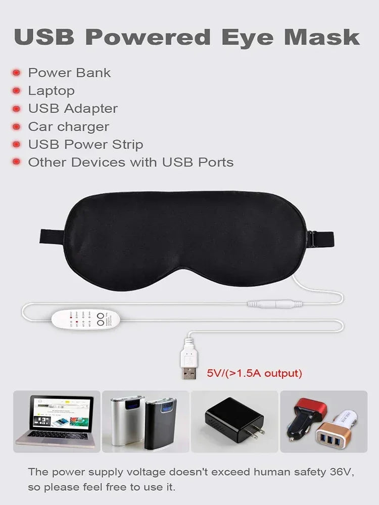 USB Heated Reusable Silk Eye Mask – Steaming Eye Massager for Sleep, Puffiness, and Dark Circle Relief