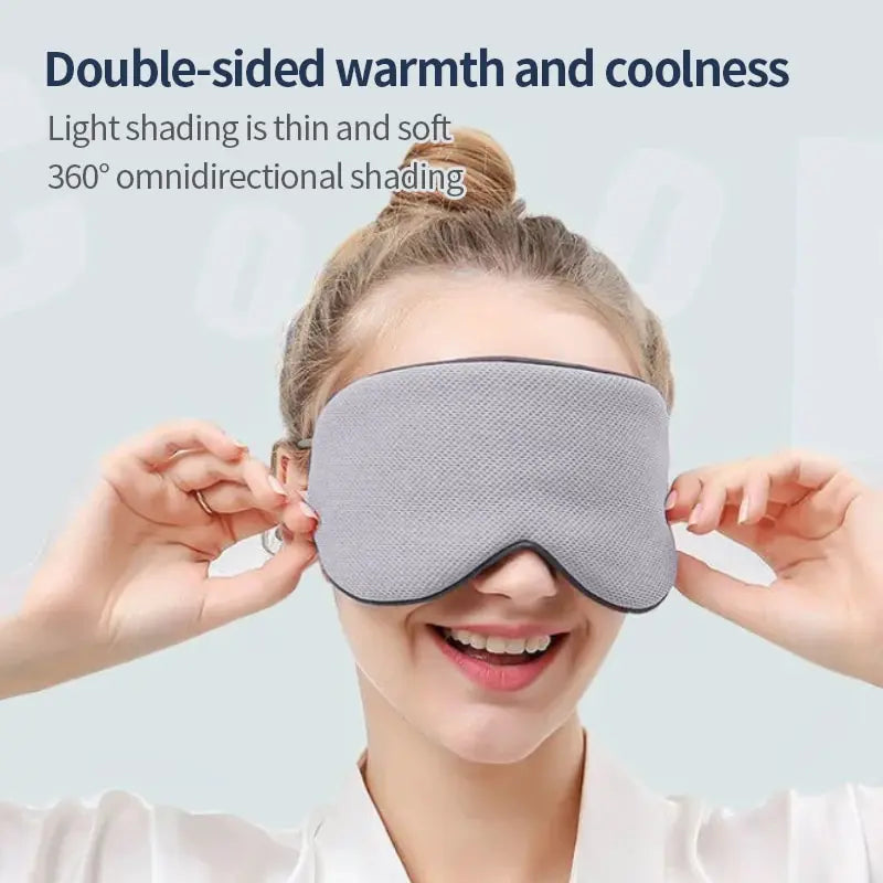 Woman wearing a gray hot and cold sleep mask with soft double-sided fabric for warmth and coolness