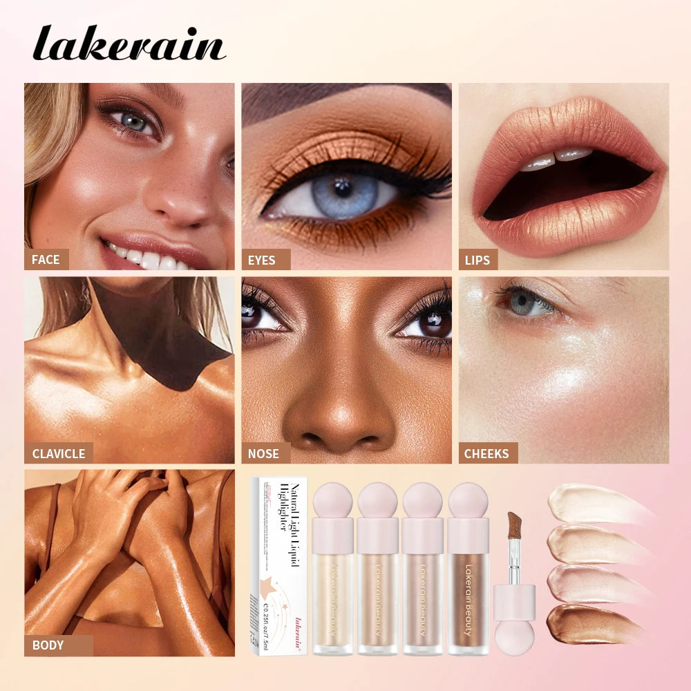 Liquid Highlighter & Bronzer – 4 Color Face Contouring Shimmer Makeup, Illuminating Glow High Lighter Fluid