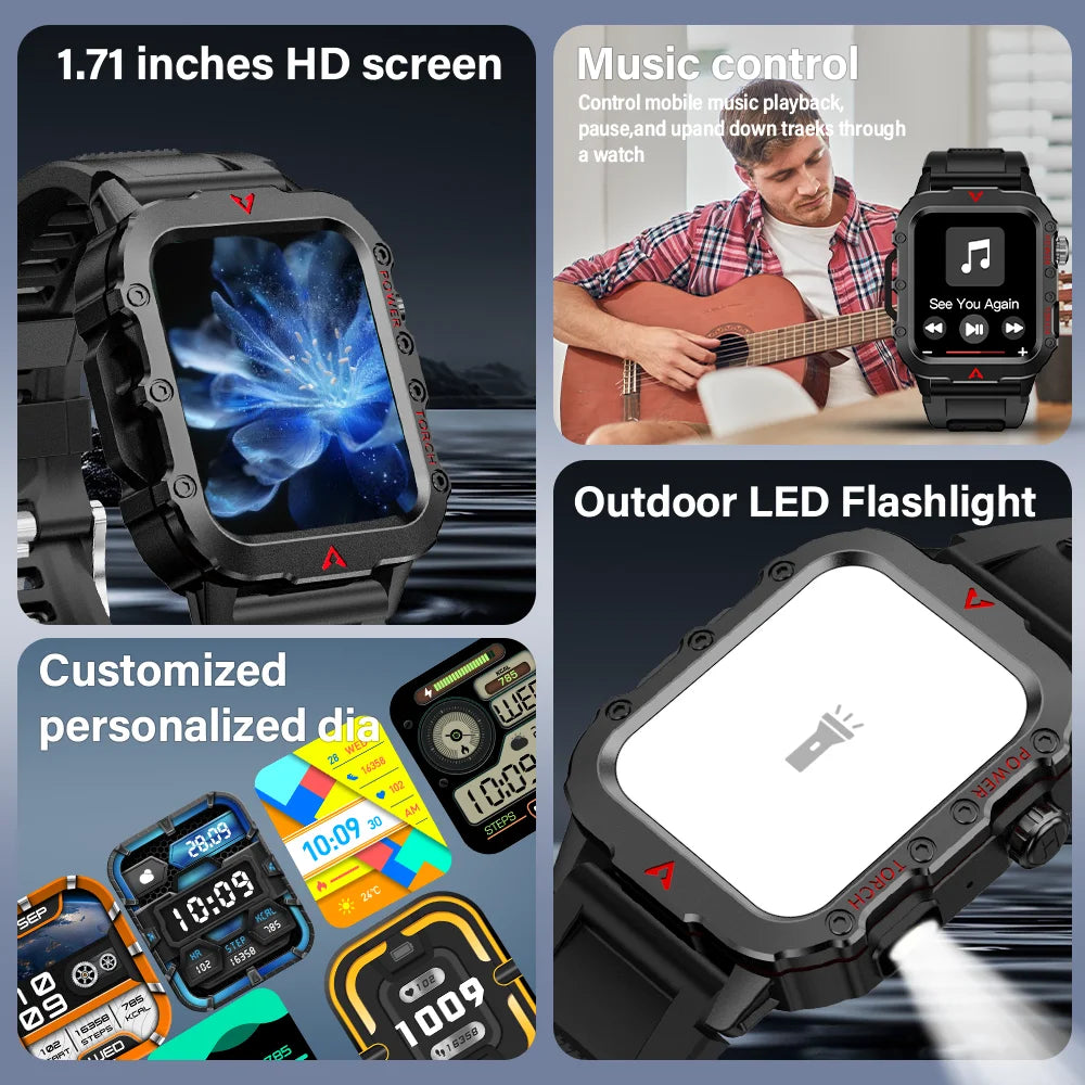 Outdoor Military Smartwatch – Bluetooth Talking Rugged Sports Fitness Watch with 1.73" LED Display