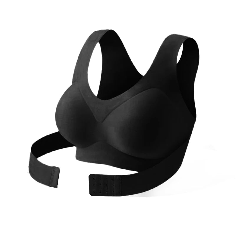 Black posture corrector bra for women with adjustable straps and supportive design by Zorelie.co