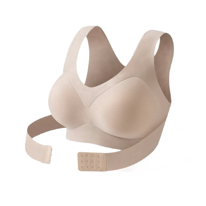 Beige posture corrector bra for women with wide straps and adjustable back closure by Zorelie.co