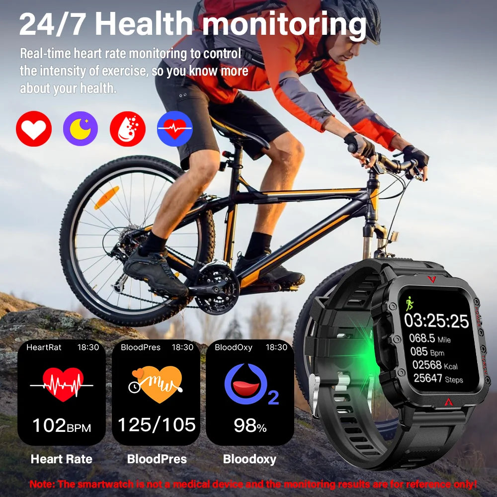 Outdoor Military Smartwatch – Bluetooth Talking Rugged Sports Fitness Watch with 1.73" LED Display