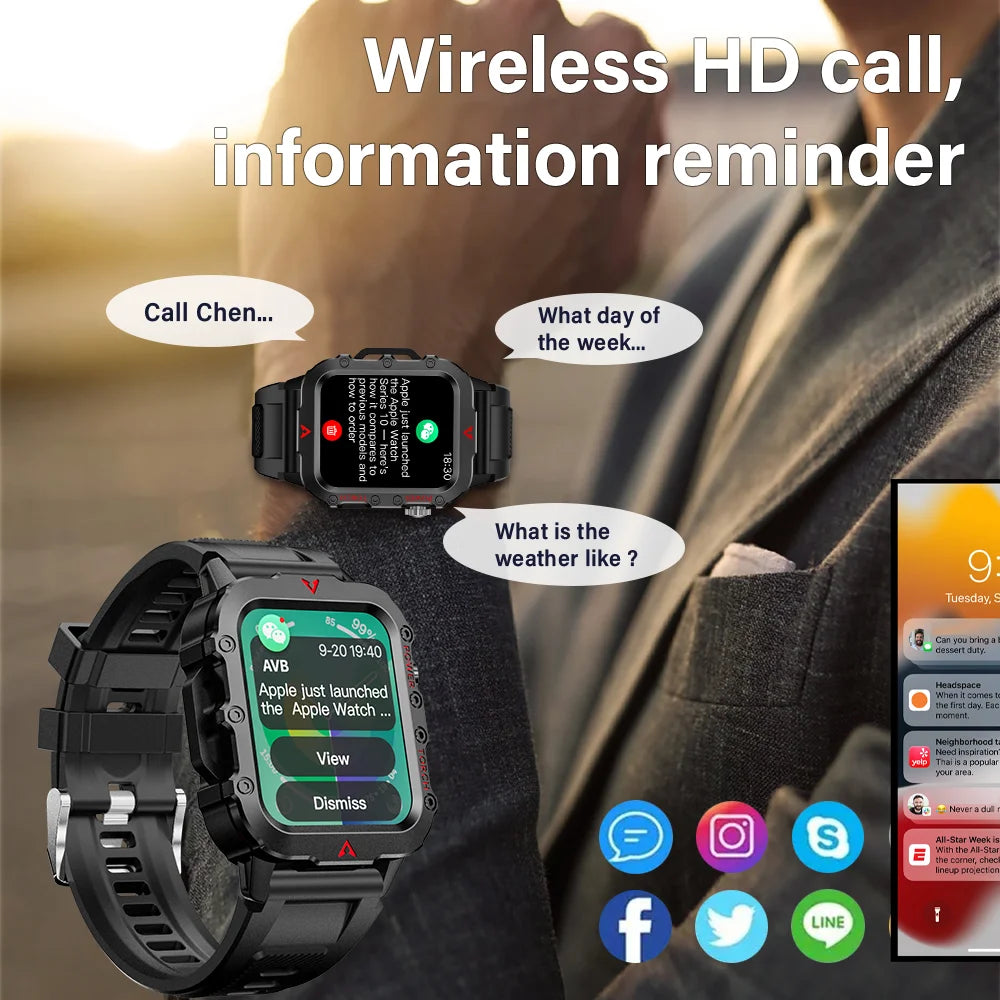 Outdoor Military Smartwatch – Bluetooth Talking Rugged Sports Fitness Watch with 1.73" LED Display