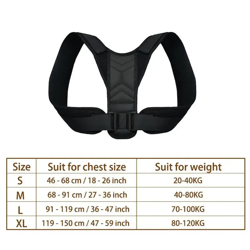 Zorelie.co adjustable posture corrector for back and shoulders in black with size chart for chest and weight