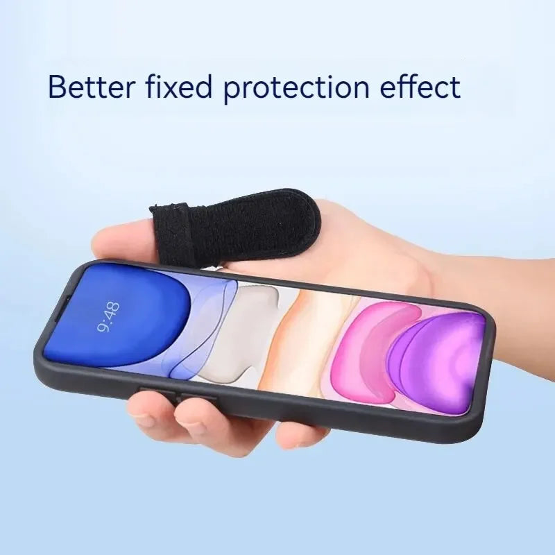 Black trigger finger splint worn on finger holding a smartphone for better fixed protection effect