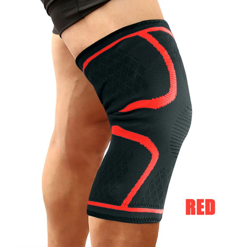 Red compression knee brace for pain relief worn on leg for support and comfort