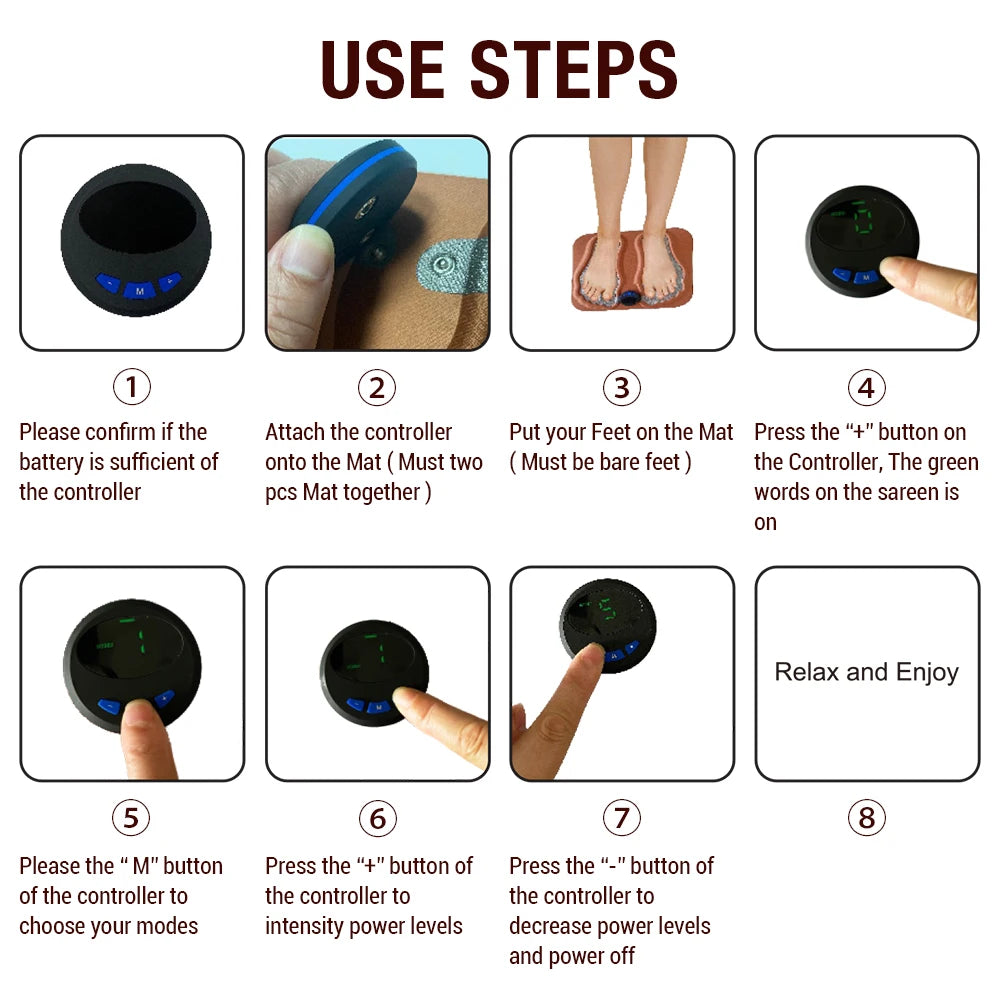 Step-by-step use instructions for EMS foot massager pad for circulation with controller and foot placement