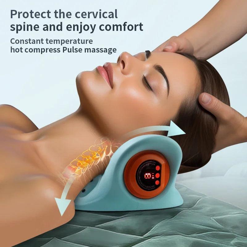 Woman using deep tissue neck massager with heat for cervical spine comfort and pulse massage