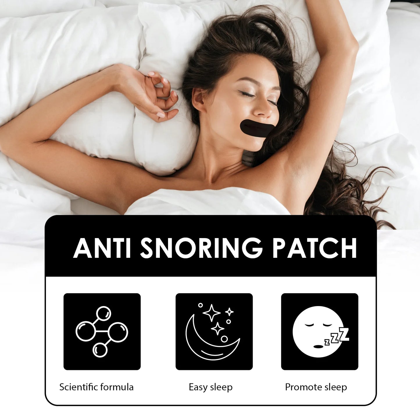 Woman sleeping peacefully with black anti-snoring mouth tape promoting easy and restful sleep