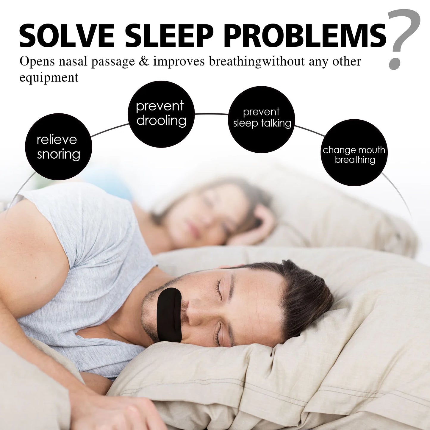 Man sleeping with black anti-snoring mouth tape to relieve snoring and improve breathing