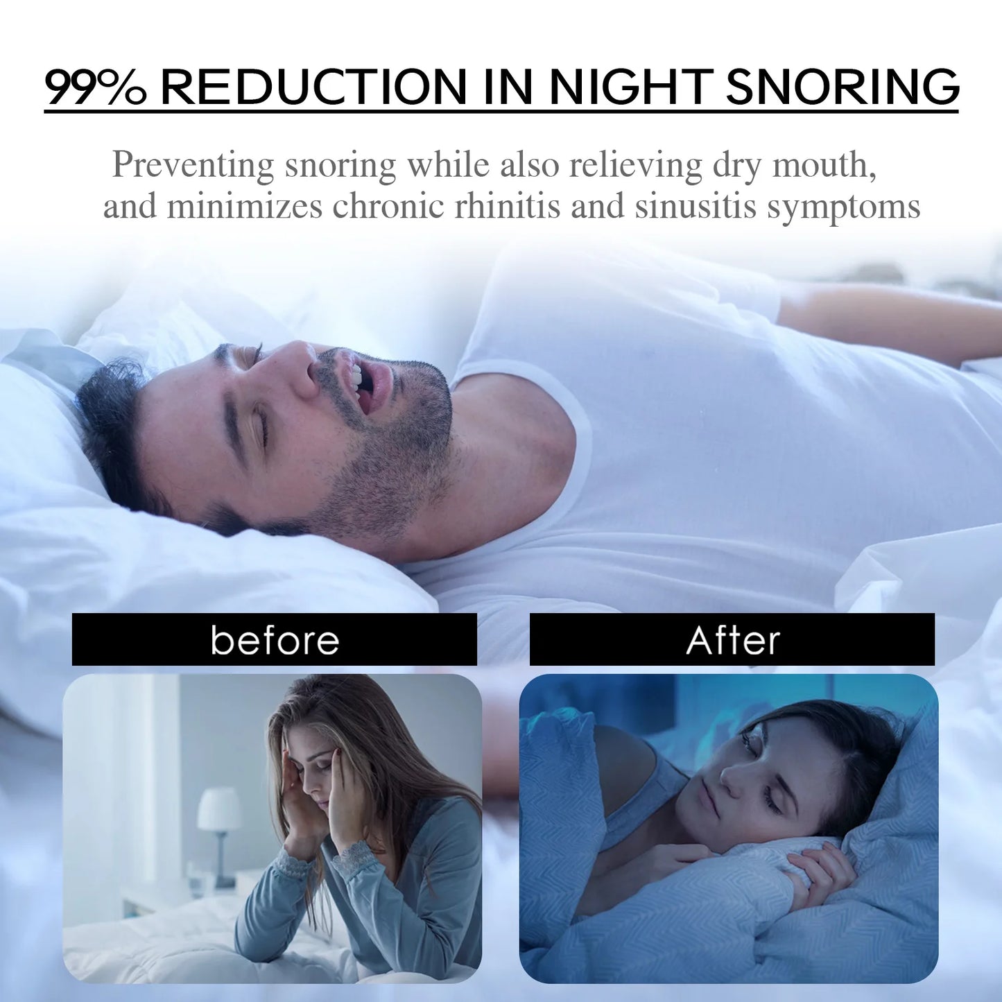 Anti-snoring mouth tape reduces night snoring and relieves dry mouth with before and after sleep results