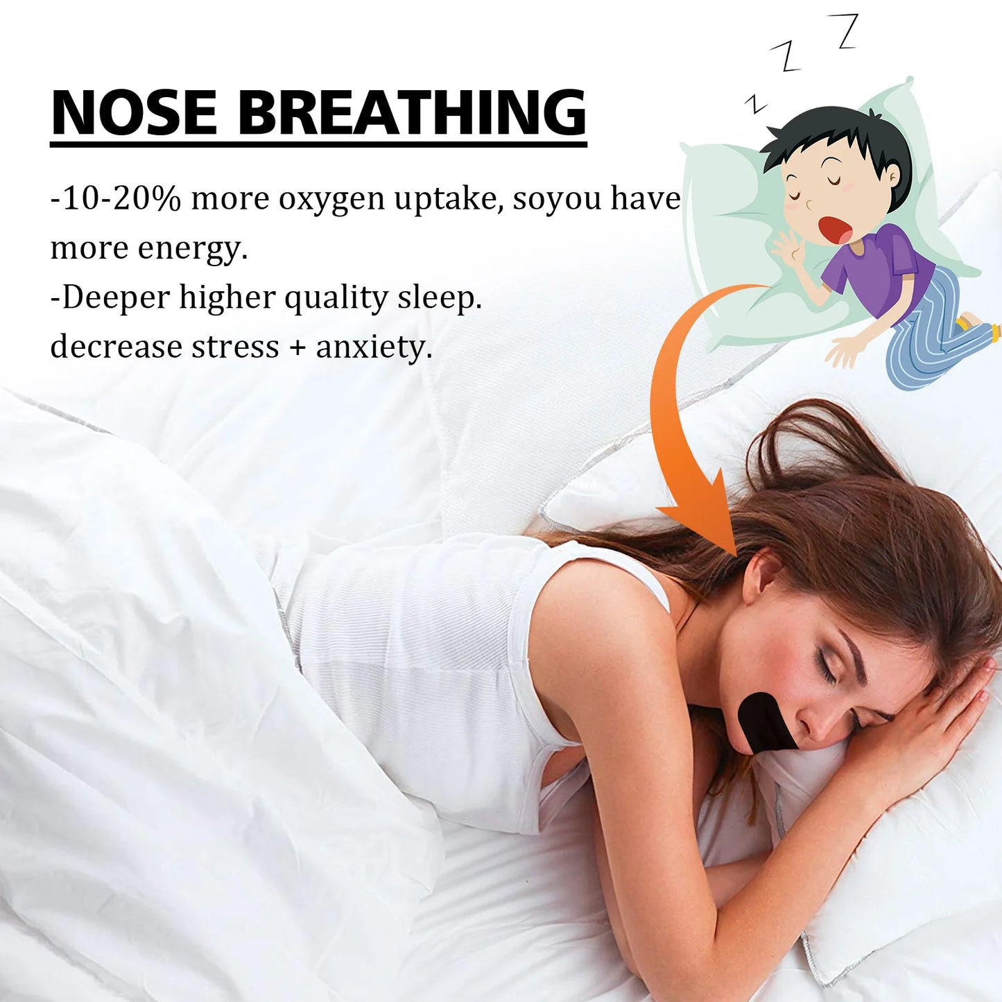 Woman sleeping with black anti-snoring mouth tape promoting nose breathing for better sleep