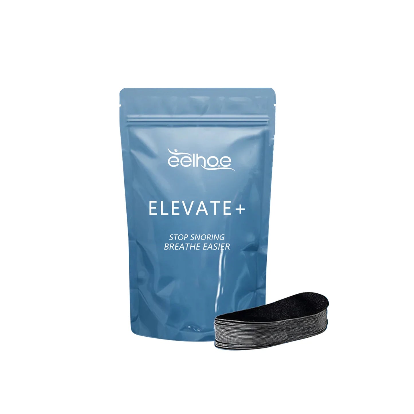 Zorelie.co Elevate+ anti-snoring mouth tape in blue resealable pouch with black tape strips