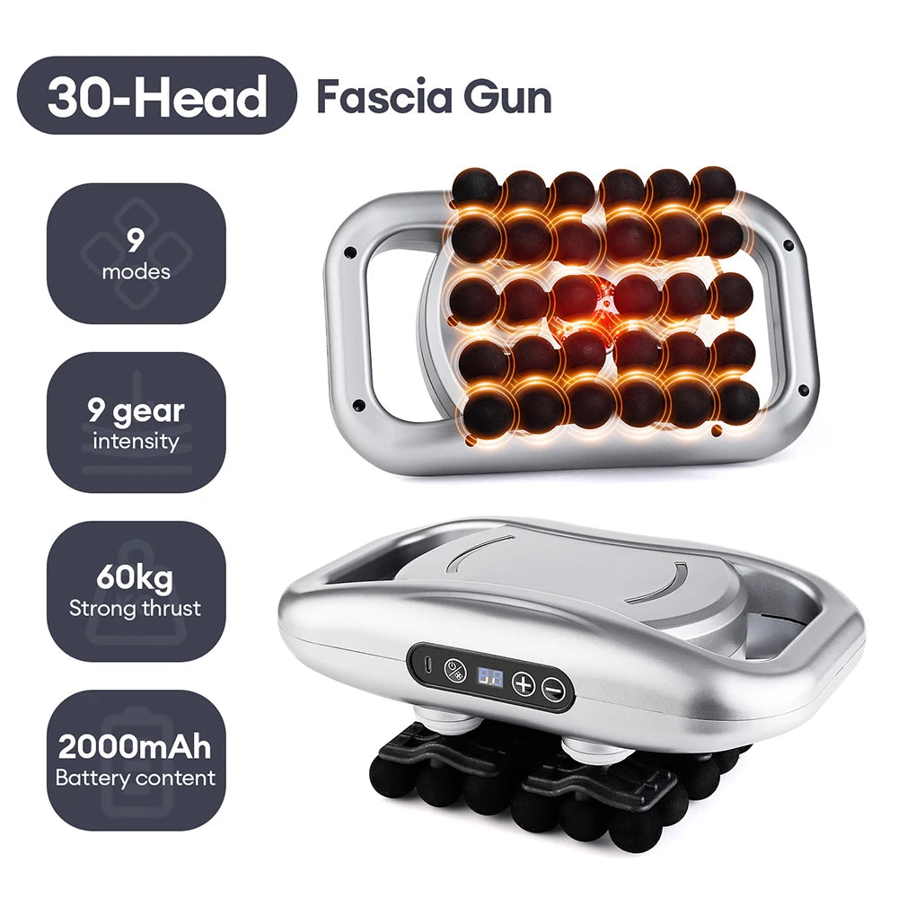 Zorelie.co high-frequency fascia massage gun with 30 heads, 9 modes, 9 gear intensity, and 2000mAh battery
