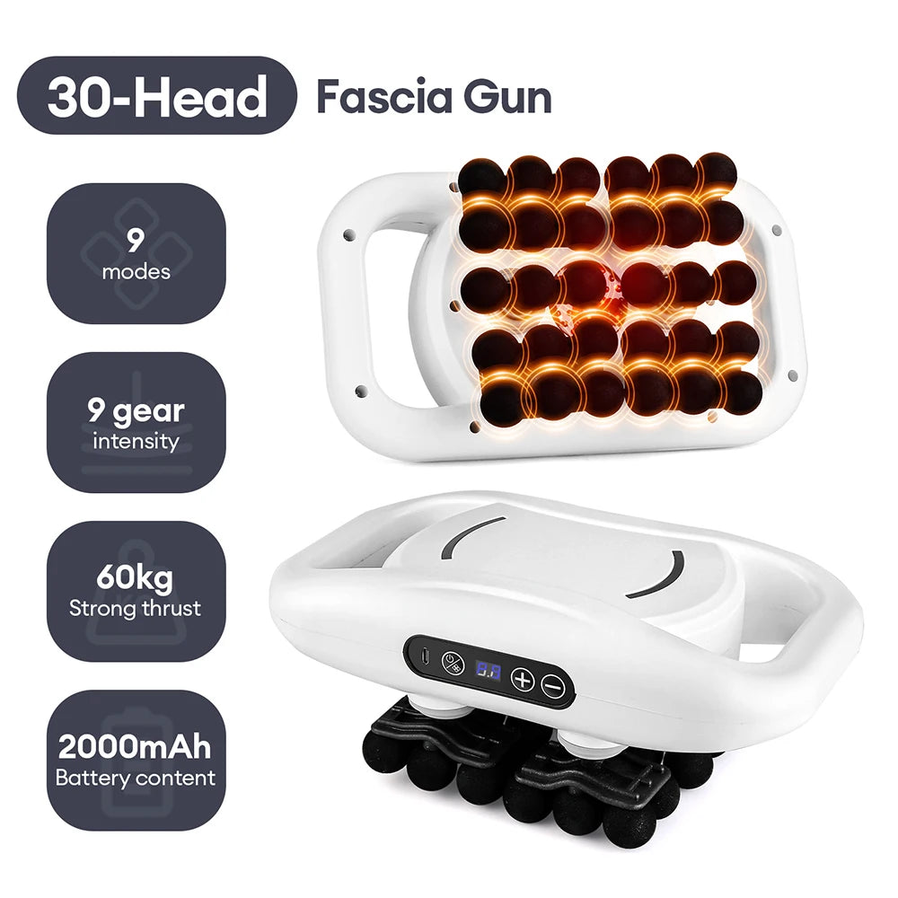 Zorelie high-frequency fascia massage gun with 30 heads, 9 modes, 9 gear intensity, and 2000mAh battery