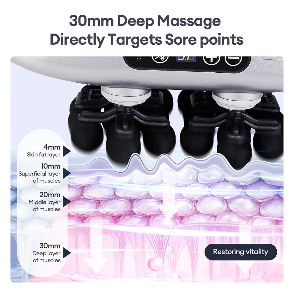 High-frequency fascia massage gun showing 30mm deep massage targeting sore muscle layers to restore vitality