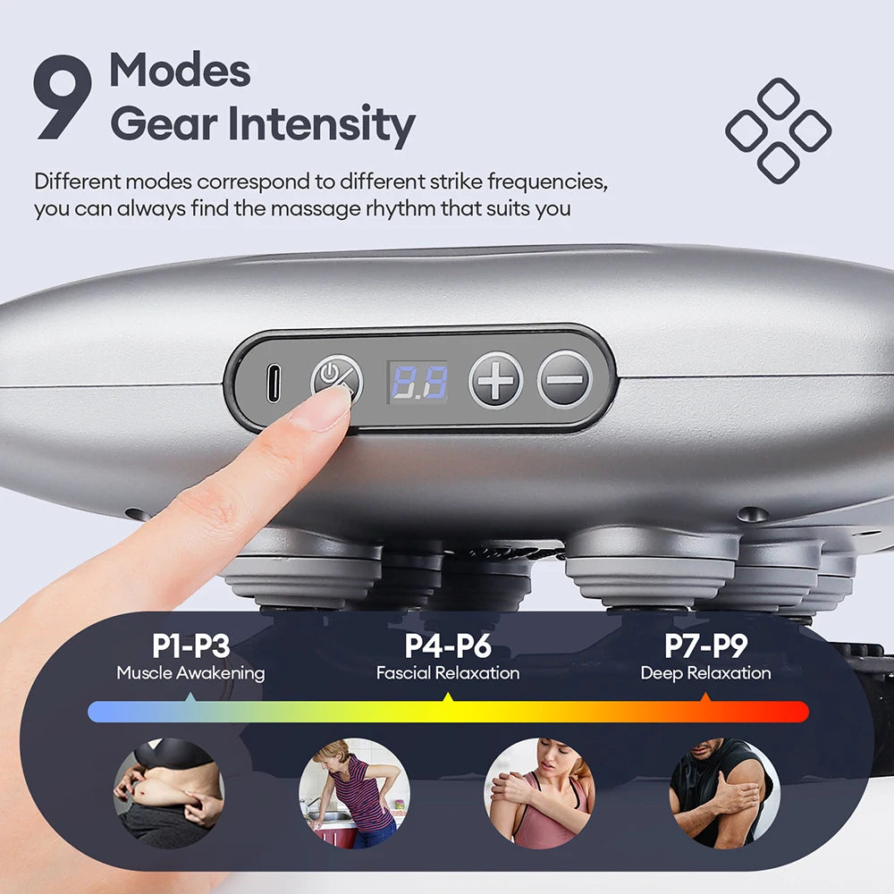 Close-up of high-frequency fascia massage gun control panel with 9 modes and gear intensity settings for muscle and deep relaxation