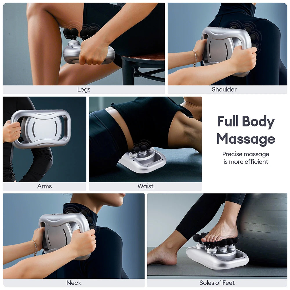 Zorelie.co high-frequency fascia massage gun used on legs, shoulder, arms, waist, neck, and soles of feet for full body massage