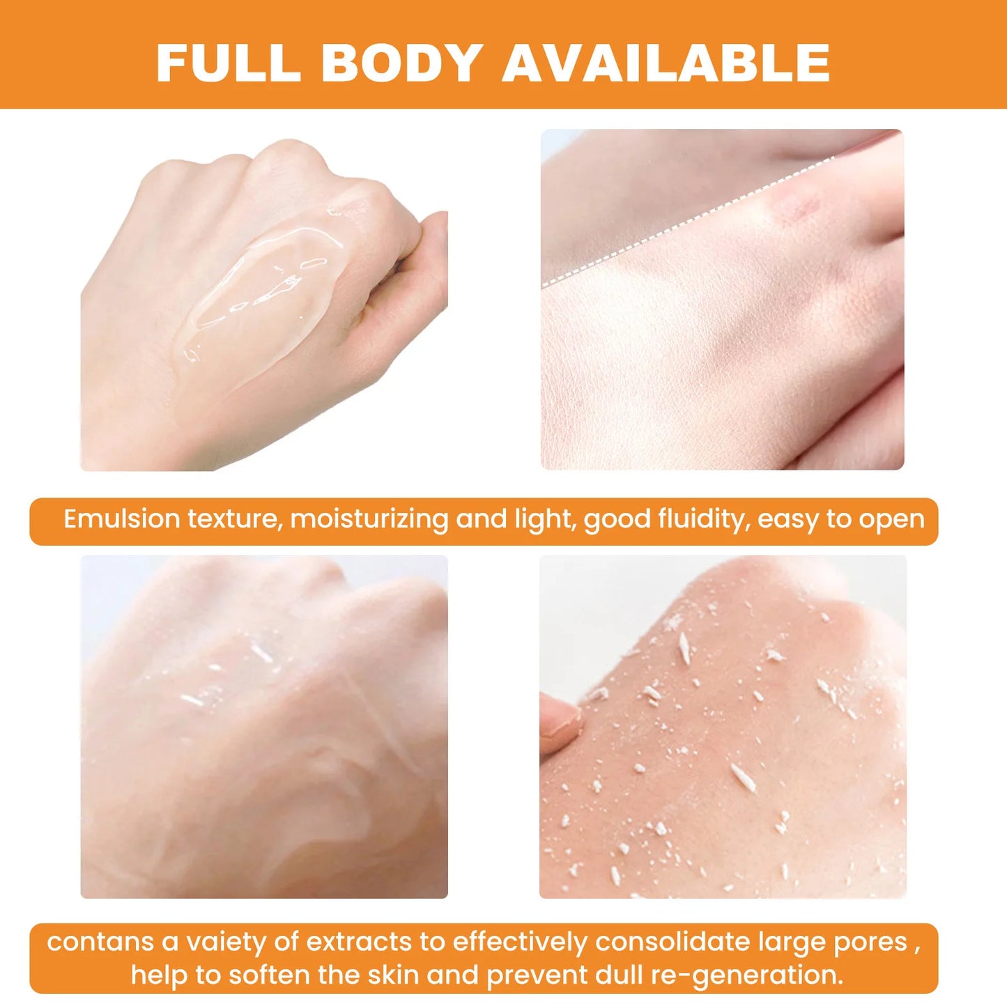 Orange exfoliating gel for sensitive skin with moisturizing emulsion texture shown on hand