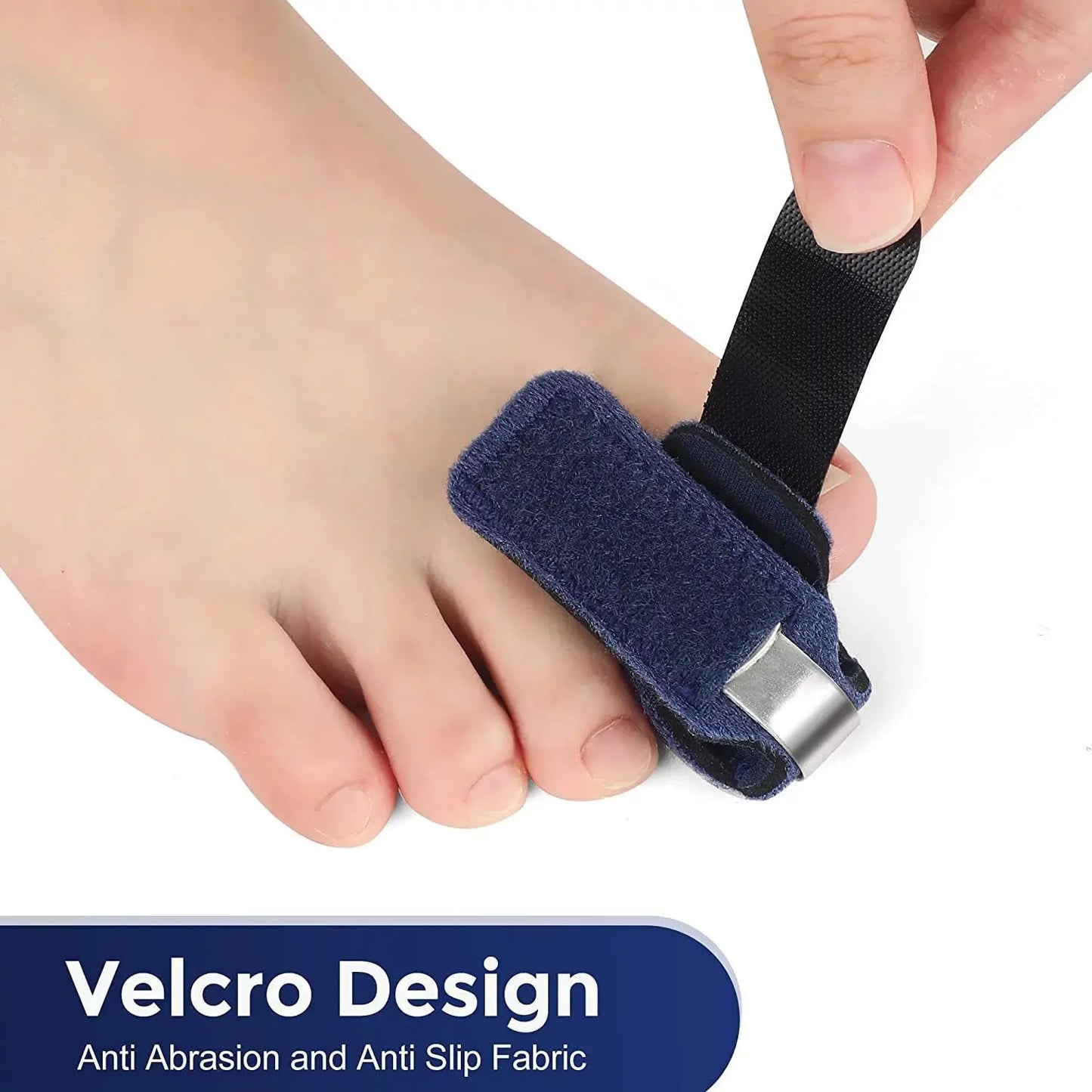 Close-up of a foot wearing a navy blue hammer toe straightener with Velcro design and metal support
