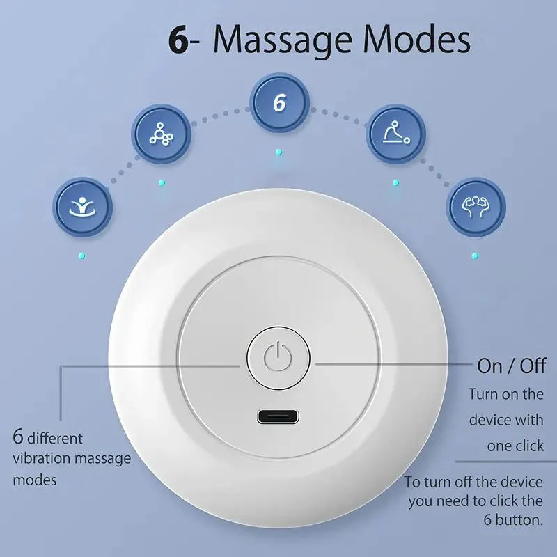 White handheld mini muscle massage gun showing six different vibration massage modes and on off button
