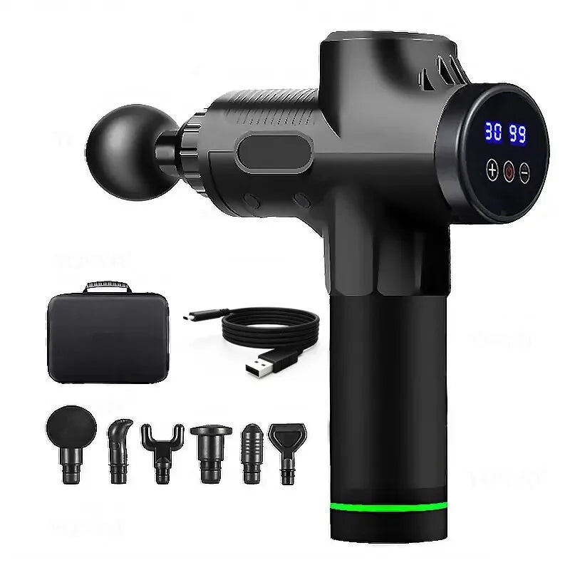 Zorelie.co portable fascia massage gun with digital display and six interchangeable massage heads