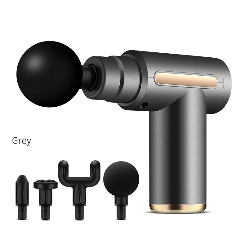 Grey portable fascia massage gun with four interchangeable massage heads for targeted muscle relief