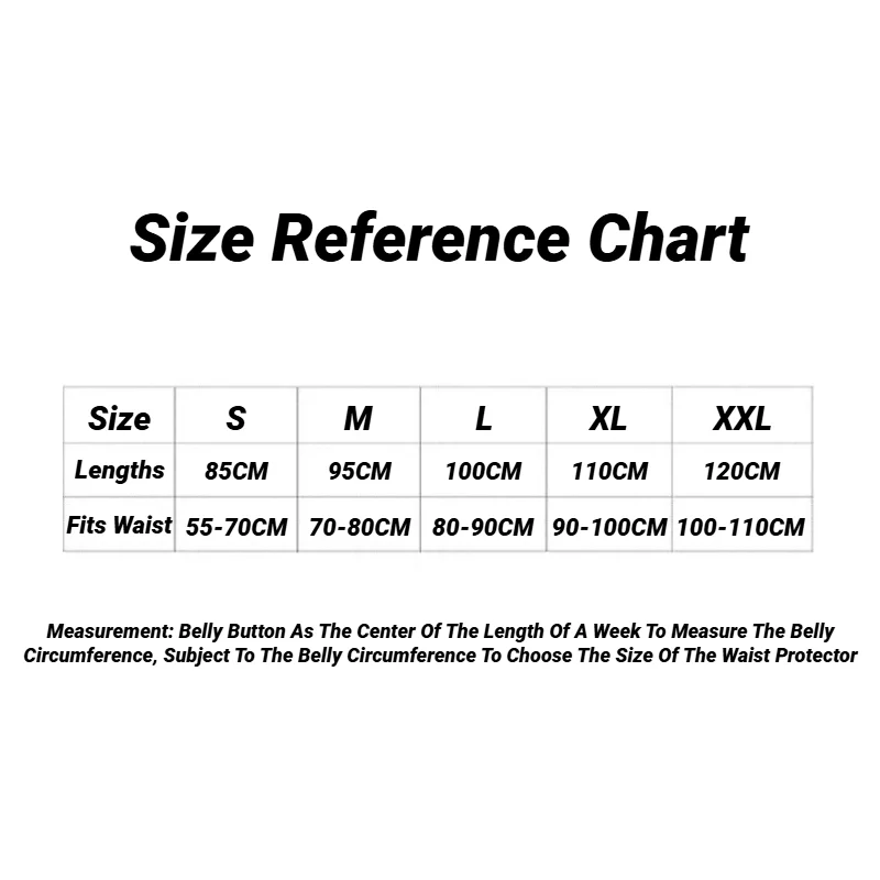Size reference chart for magnetic therapy back support belt with waist measurements from small to XXL