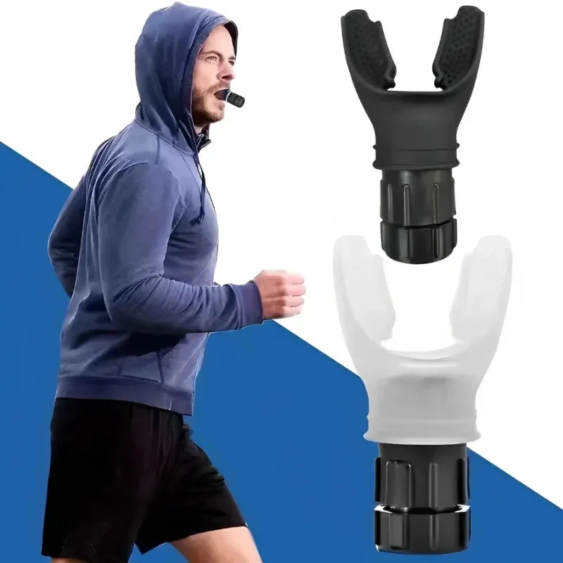 Portable lung exercise device in black and white with man exercising wearing the device in mouth