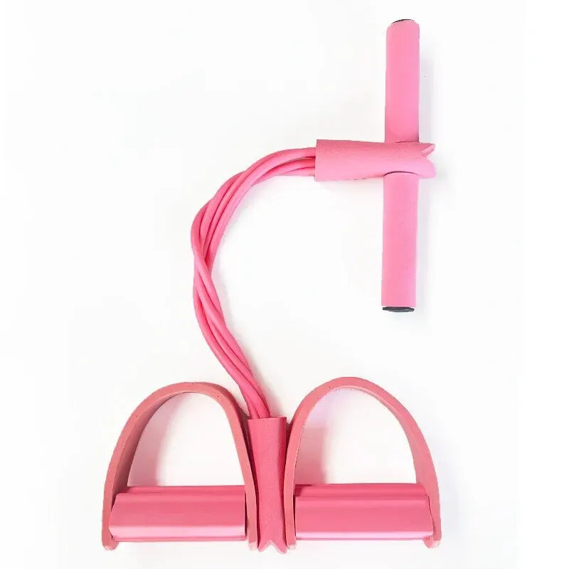 Pink multi-function resistance band for exercise with foam handles and foot pedals for full body workouts