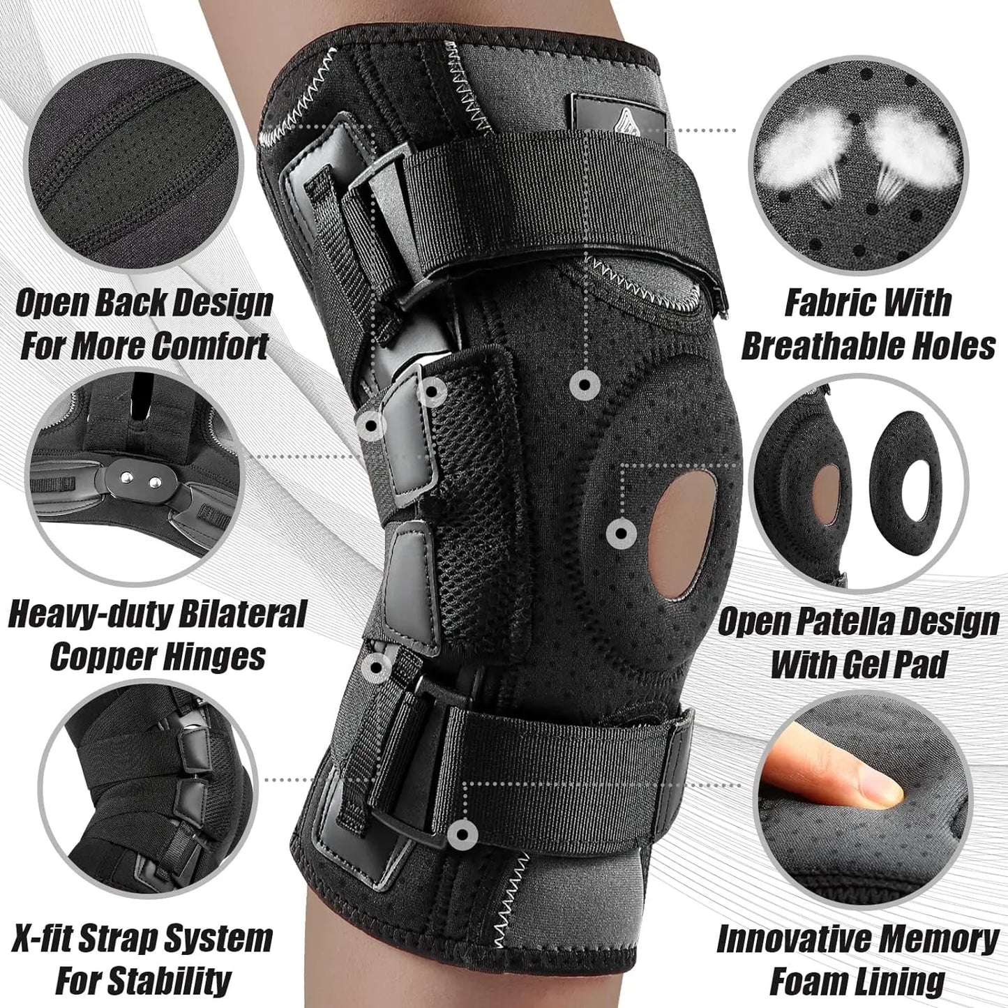 Zorelie.co hinged knee brace with side stabilizers featuring breathable fabric and open patella design