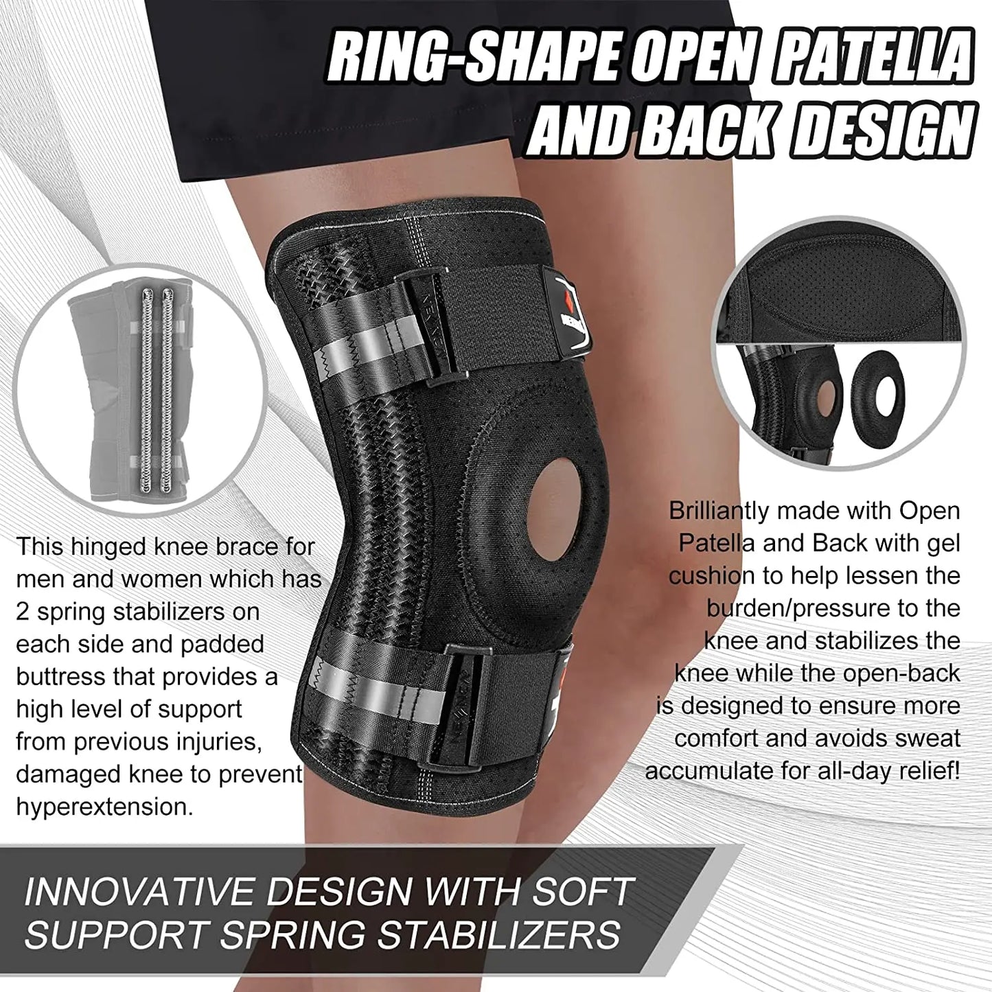 Zorelie.co knee brace for pain relief with ring-shape open patella and back design for support