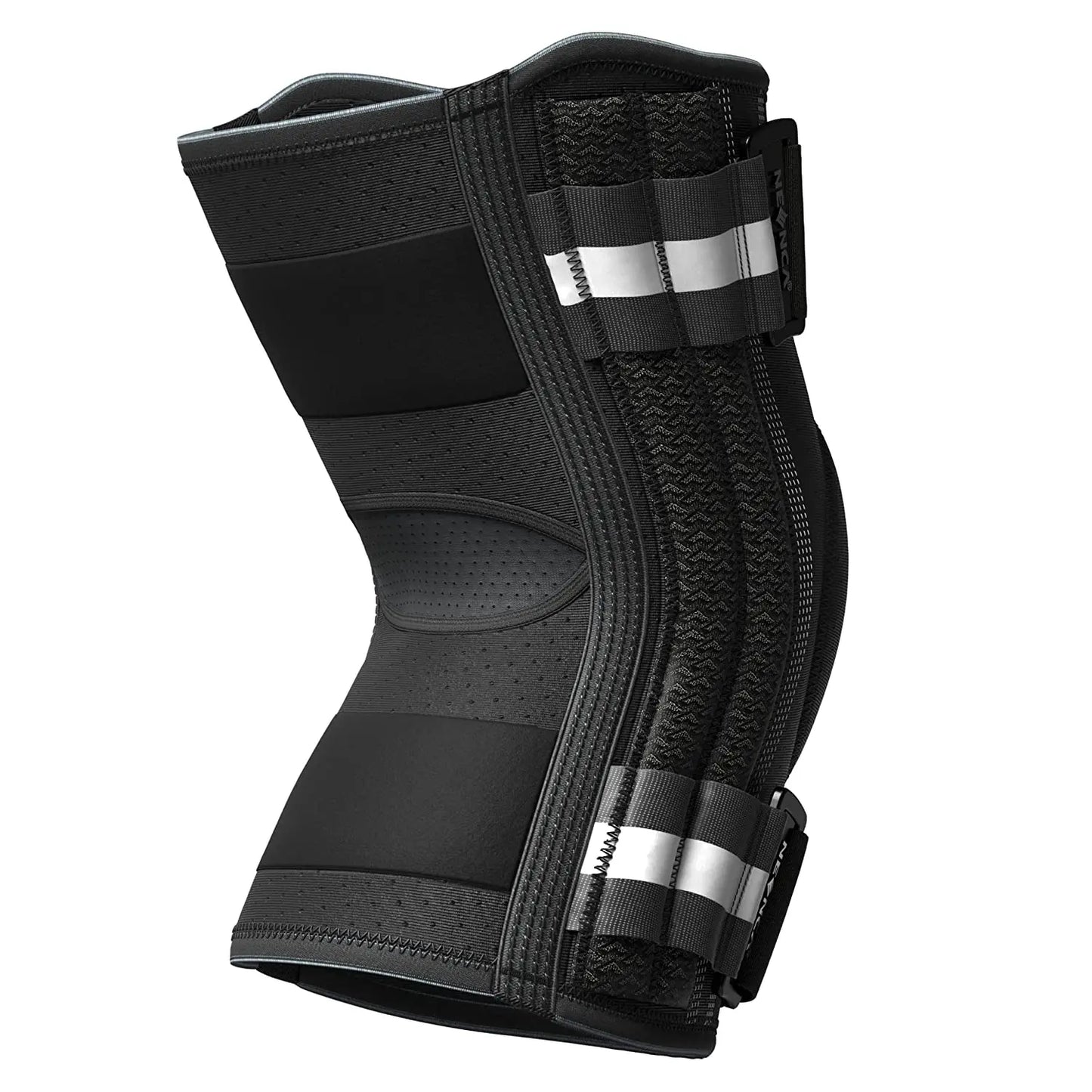 Black adjustable knee brace for pain relief with supportive straps and breathable fabric