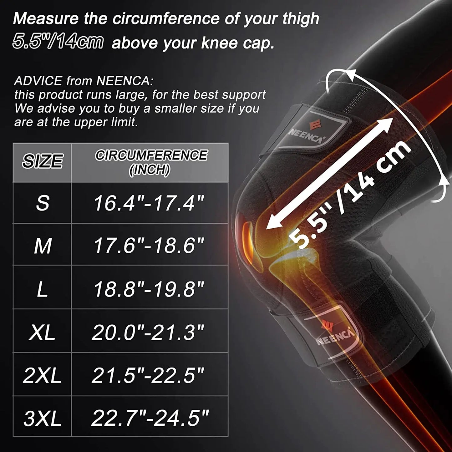 Knee brace for pain relief showing size guide and measurement instructions for thigh circumference