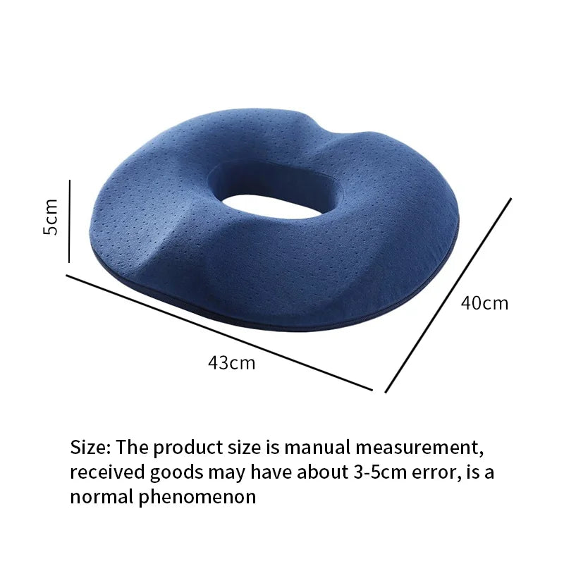 Zorelie.co orthopedic donut pillow for tailbone pain in navy blue with ergonomic design and size dimensions