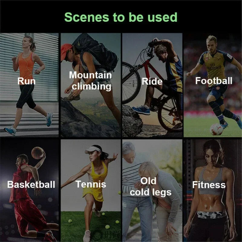 Various sports and activities showing pain relief knee pads for running climbing cycling and fitness