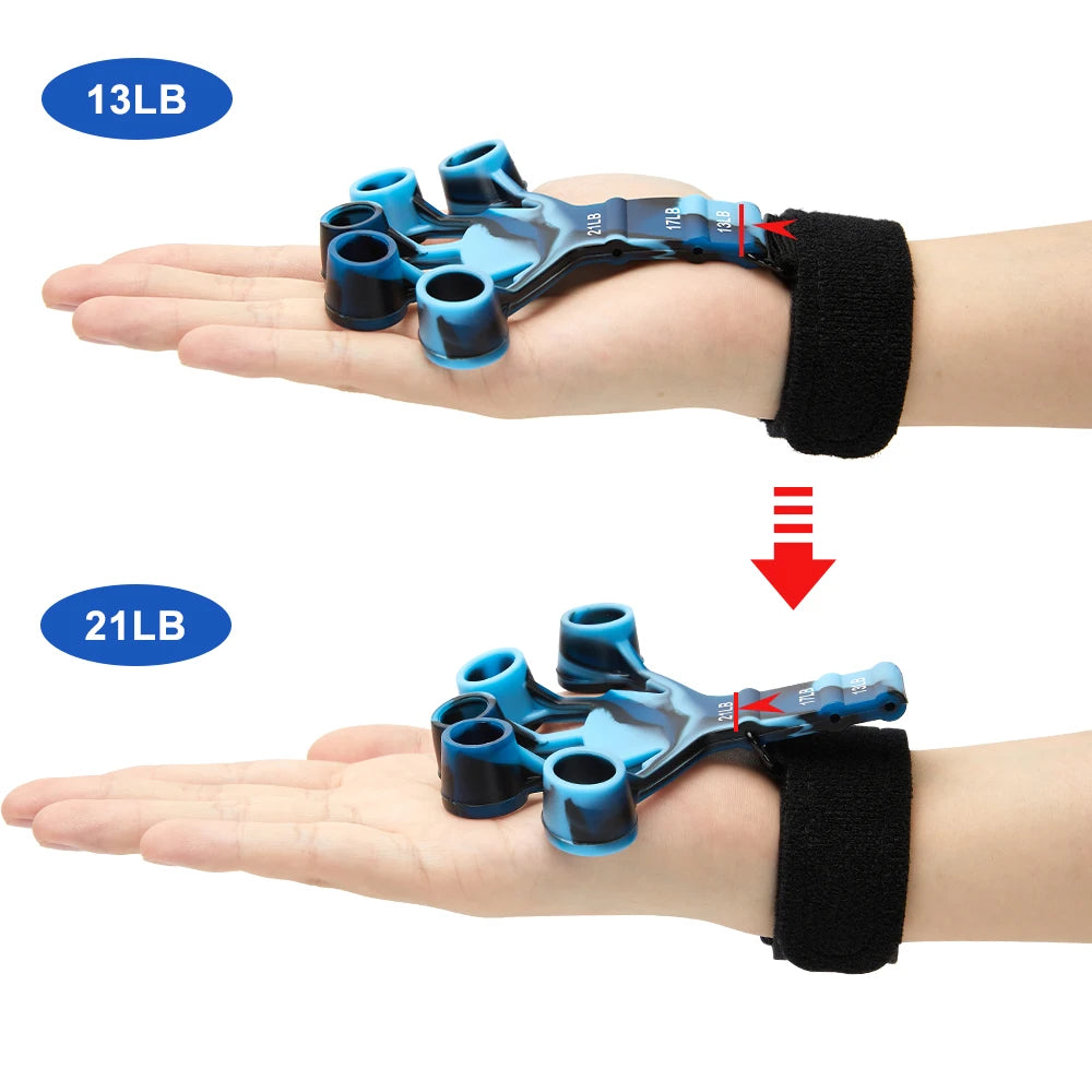 Zorelie.co finger gripper exerciser in blue showing resistance levels 13LB and 21LB on hand