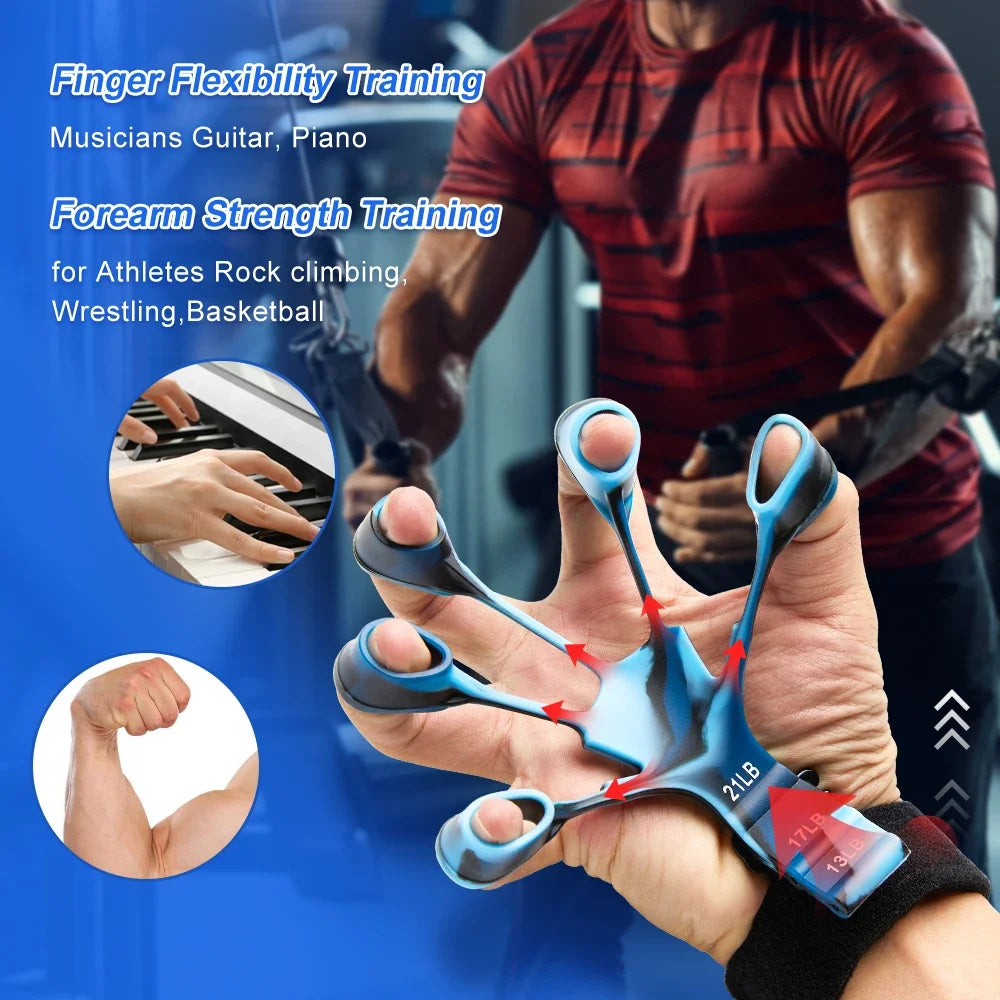 Blue finger gripper exerciser used for finger flexibility and forearm strength training by athletes and musicians