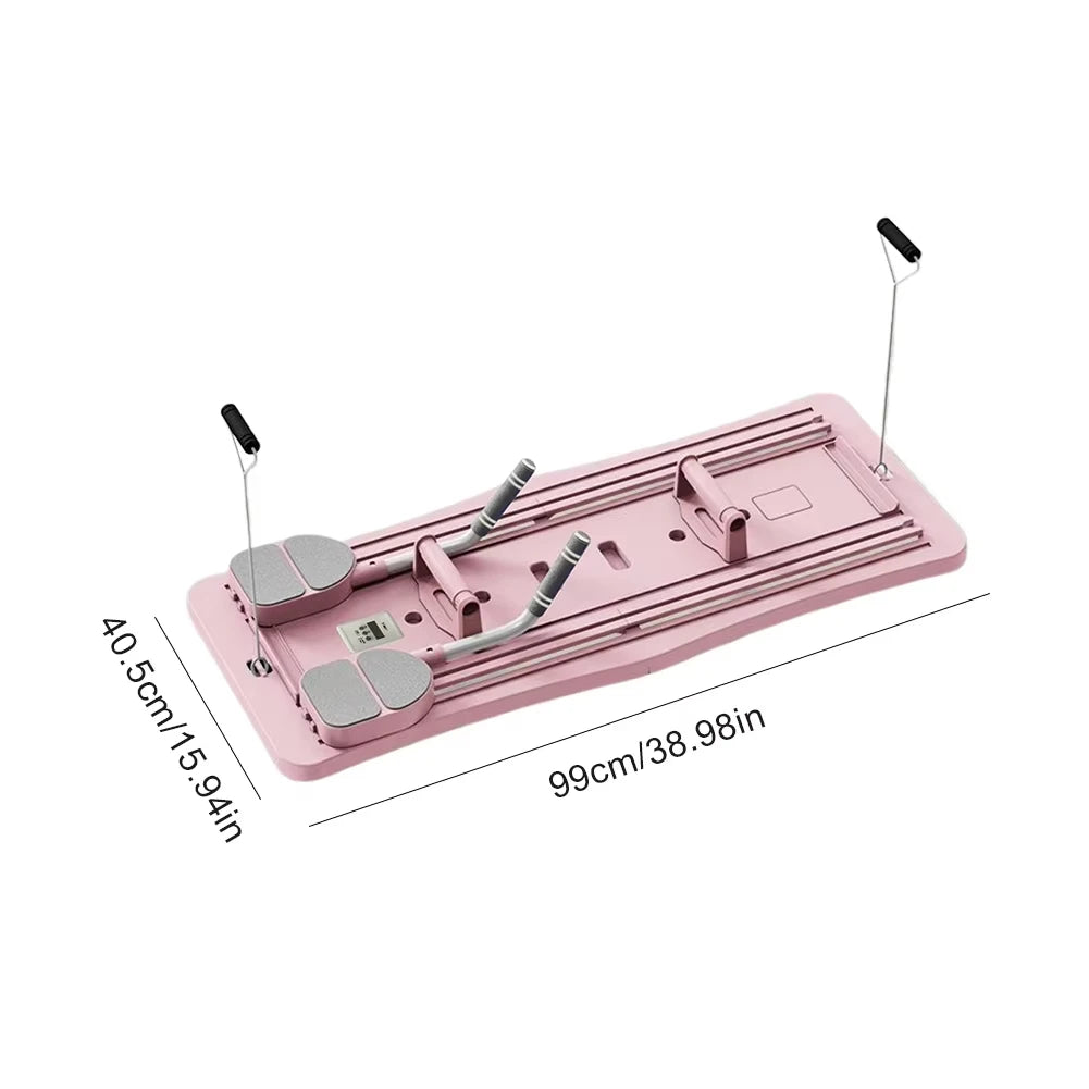 Pink foldable Pilates reformer board with resistance bands and handles from Zorelie.co
