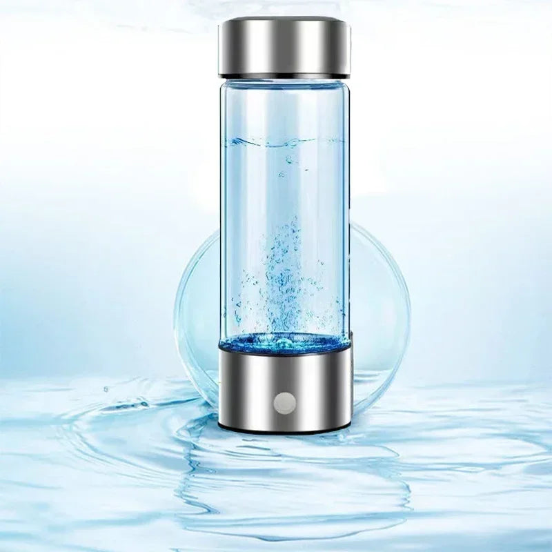 Zorelie.co portable hydrogen water bottle with sleek silver top and base generates hydrogen-rich water