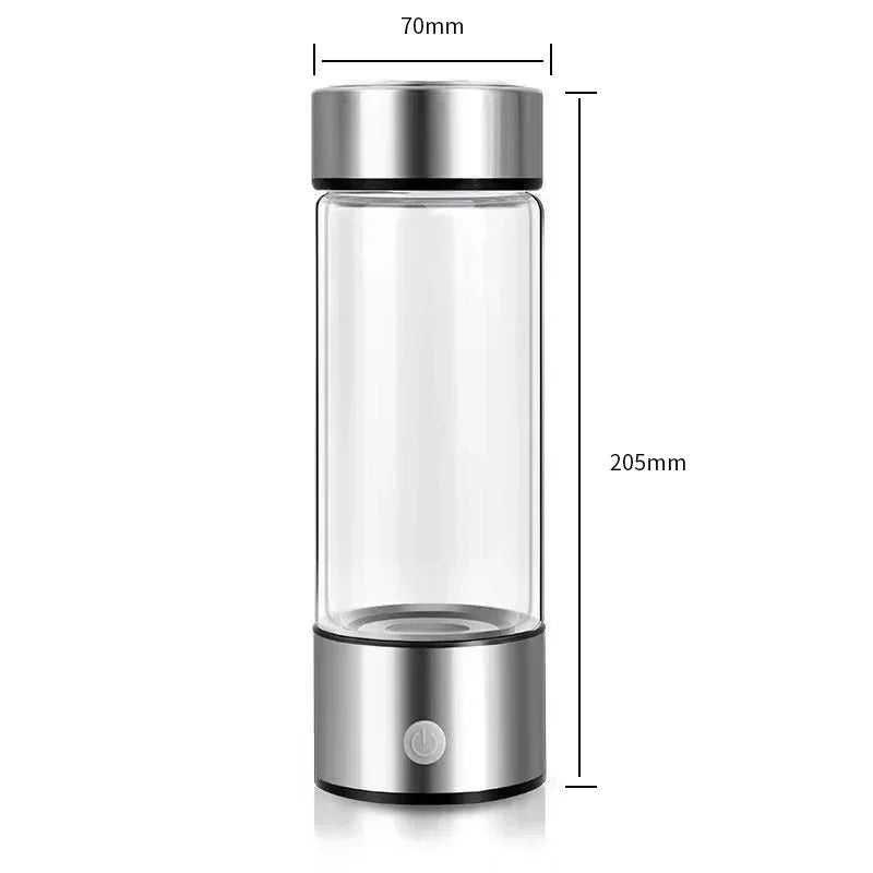 Zorelie.co portable hydrogen water bottle with clear glass body and stainless steel lid and base