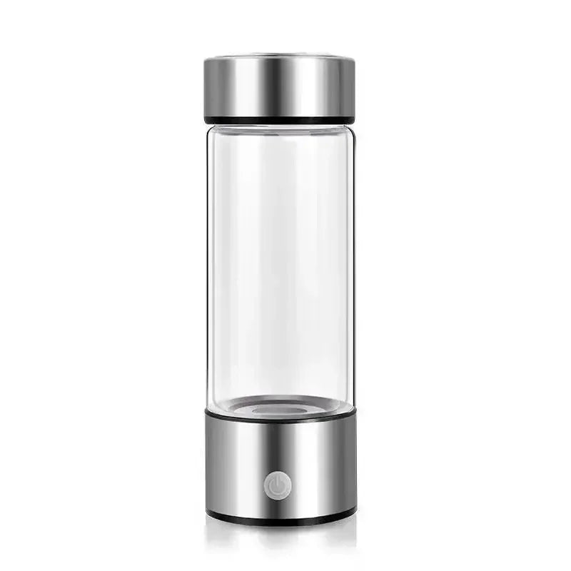 Zorelie.co sleek portable hydrogen water bottle with stainless steel base and transparent body
