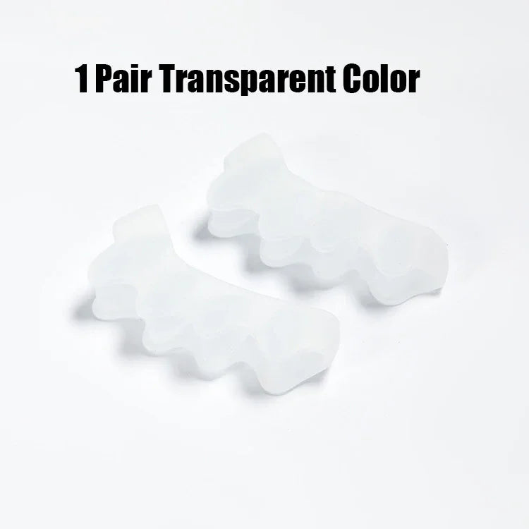 Pair of transparent toe separators for bunion relief by Zorelie co on a white background
